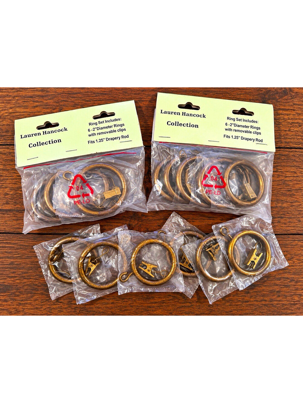 Vintage Lauren Hancock Drapery Rings w/ Clips 2” Antique Brass Hardware 3 Packs